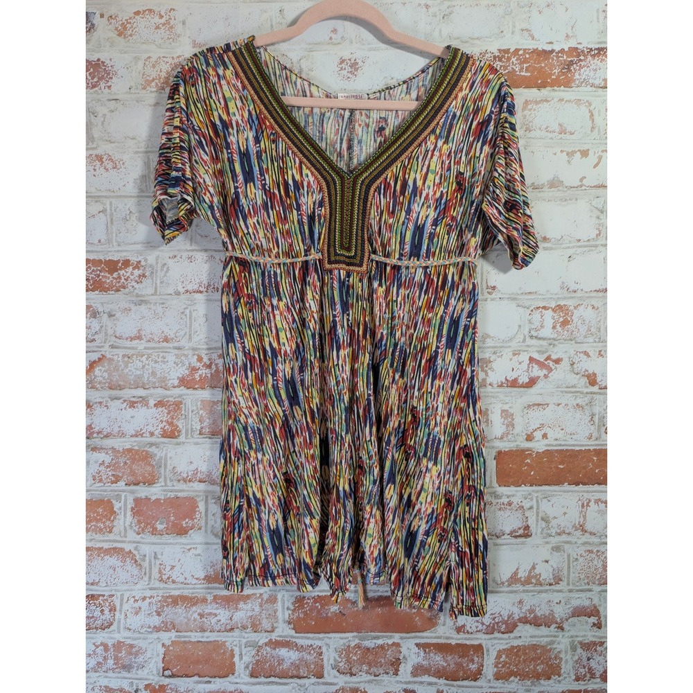 Funky People Tunic Top Womens Medium Multicolor Boho Embroidered V-Neck Tie Back